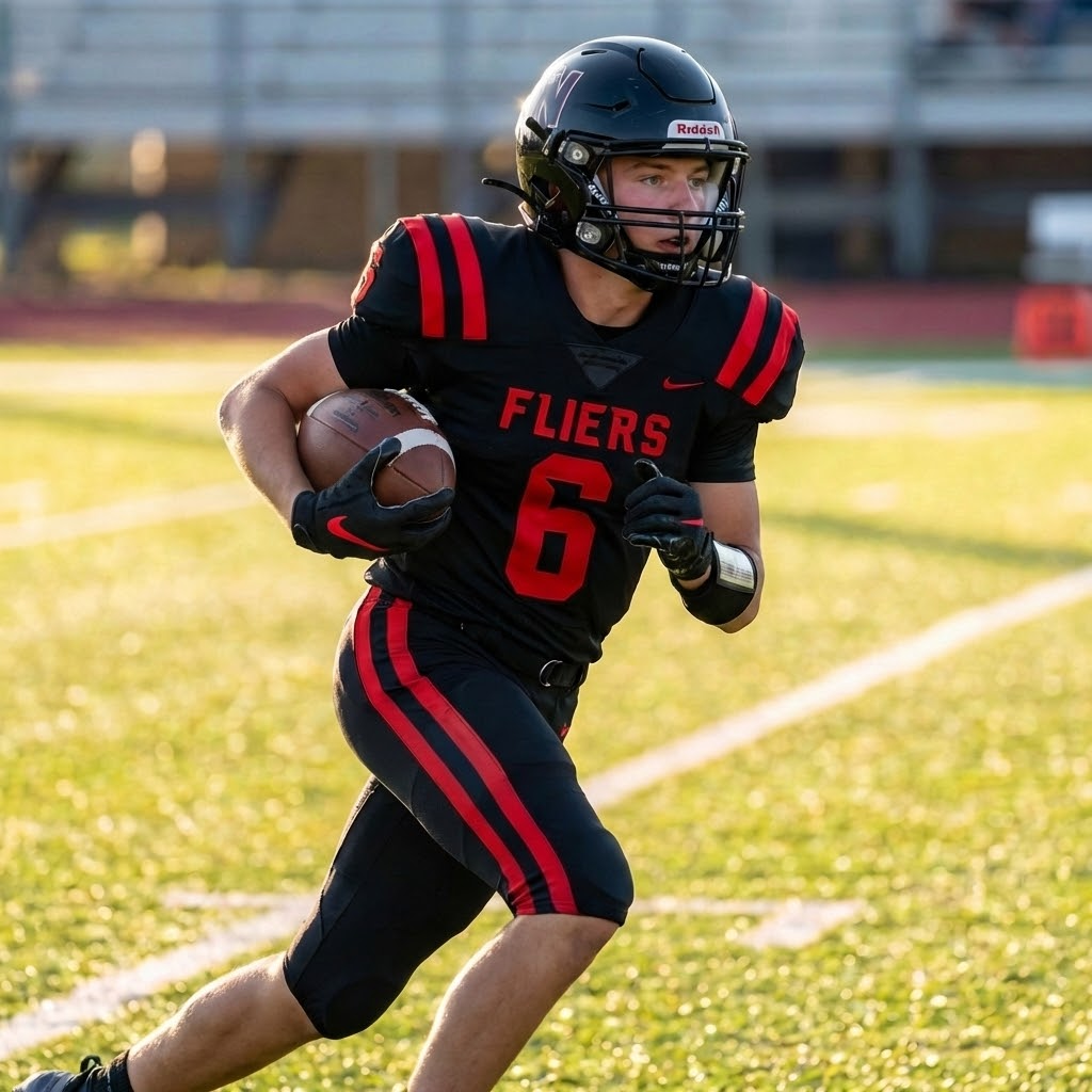 Football player in silver uniform runs with ball on a green field.