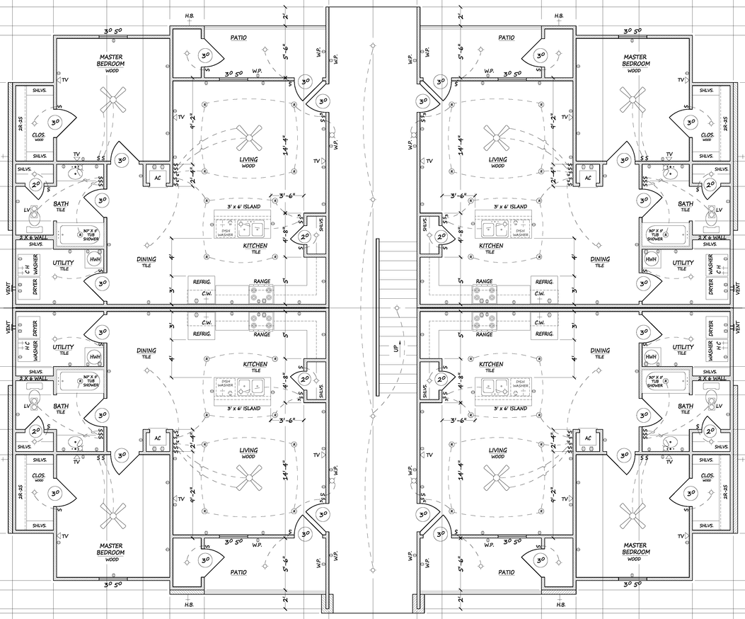 Architectural floor plan showing mirrored apartment units and central stairwells
