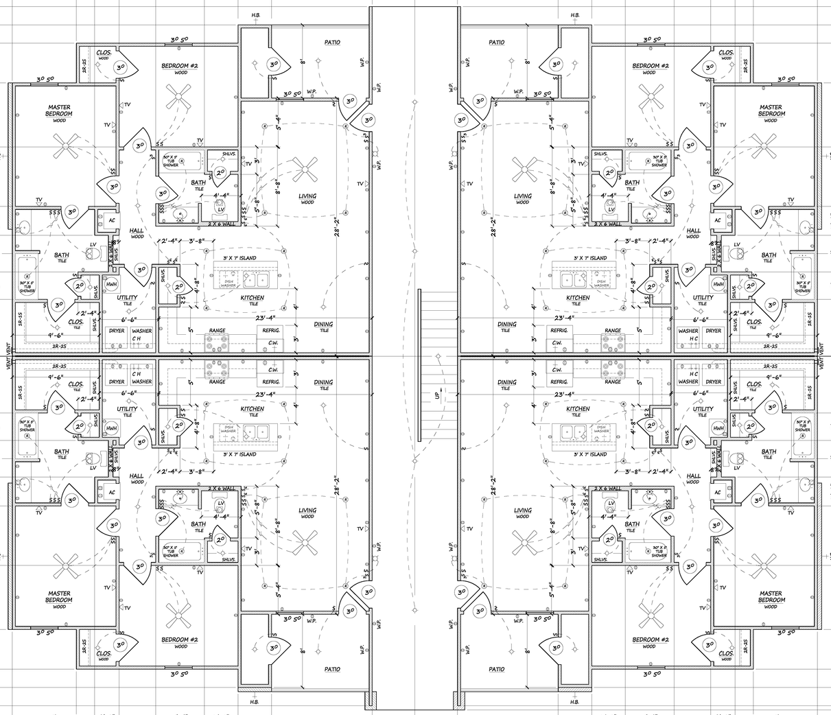 Black-and-white architectural floor plan with mirrored apartment layouts and room labels