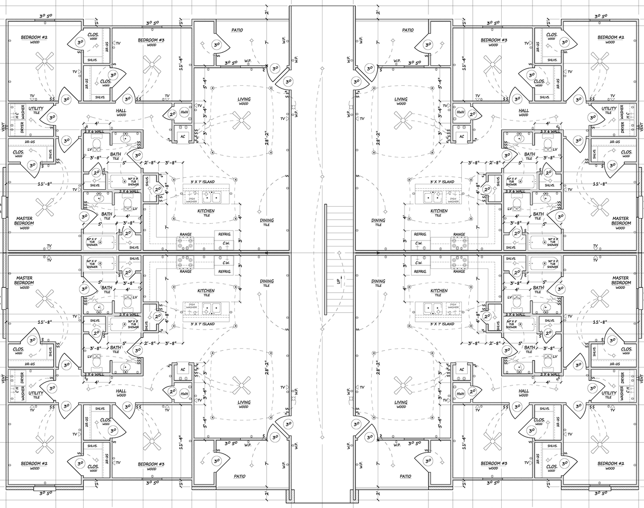 Black-and-white architectural floor plan with many rooms and a central corridor.