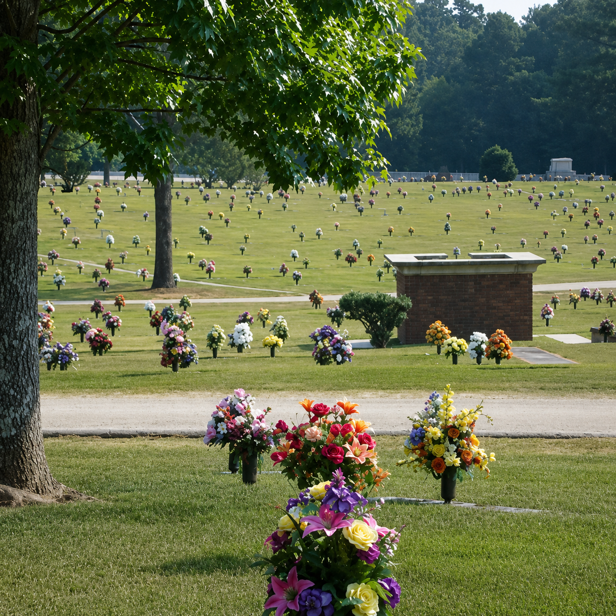 A cemetery with a book in the middle of it.
