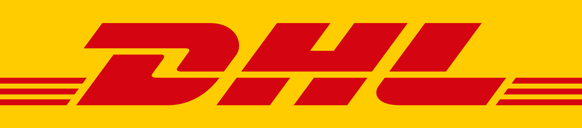 Ein rot-gelbes DHL-Logo auf gelbem Hintergrund