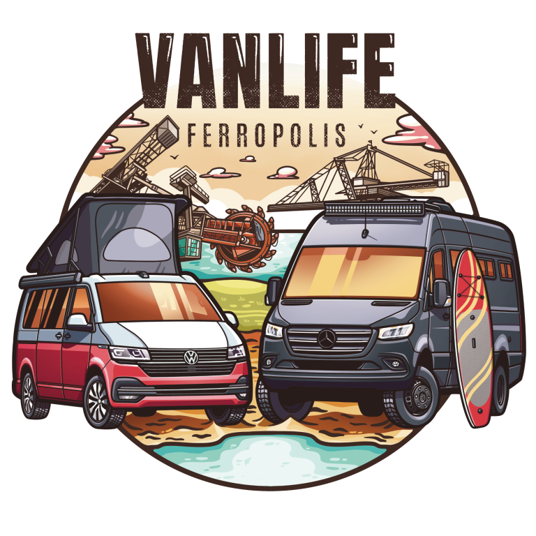 Ein Logo für Vanlife Ferropolis mit zwei Vans und einem Surfbrett.