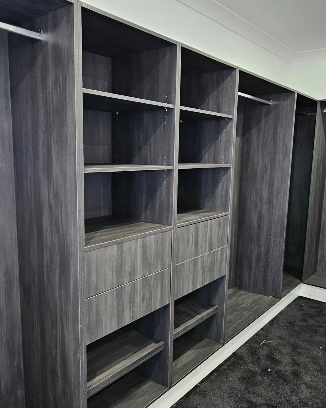 Dark Grey Built-in Closet With Shelves, Drawers, and Hanging Rods — Canelo Cabinetry In Rocklea, QLD