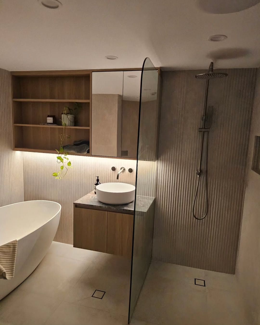 Modern Bathroom With Wooden Vanity — Canelo Cabinetry In Rocklea, QLD