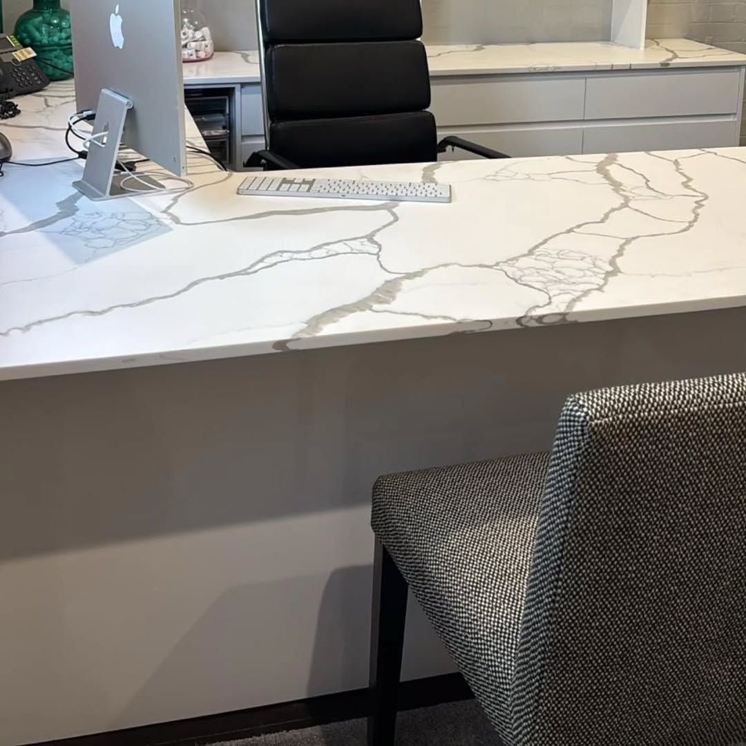 White Countertop With Grey Veining in a Modern Office Setting — Canelo Cabinetry In Rocklea, QLD