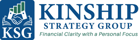 Kinship Strategy Group logo: blue square with handshake, books, and graph, 