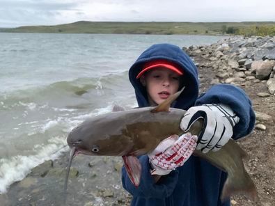 A young boy is holding a catfish on the shore of a lake