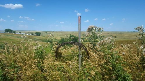 A barbed wire fence is in the middle of a field.