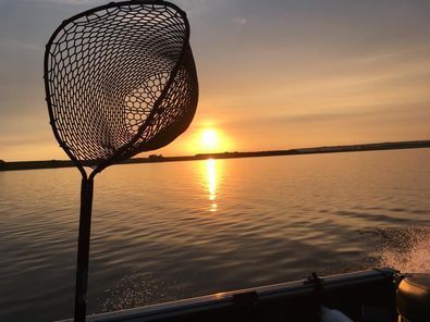 A fishing net is hanging over a body of water at sunset.