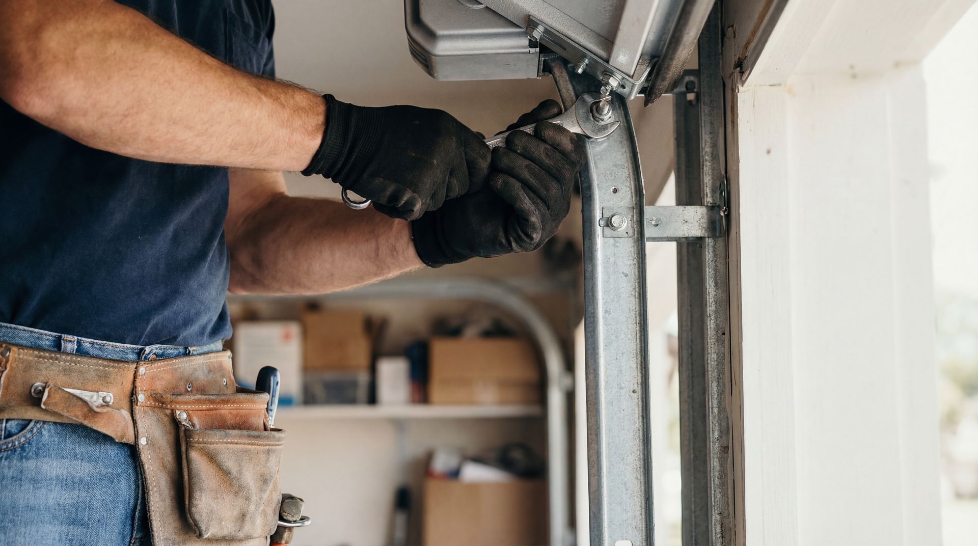 Close-up of a worker using a wrench for precision garage door services in a home.