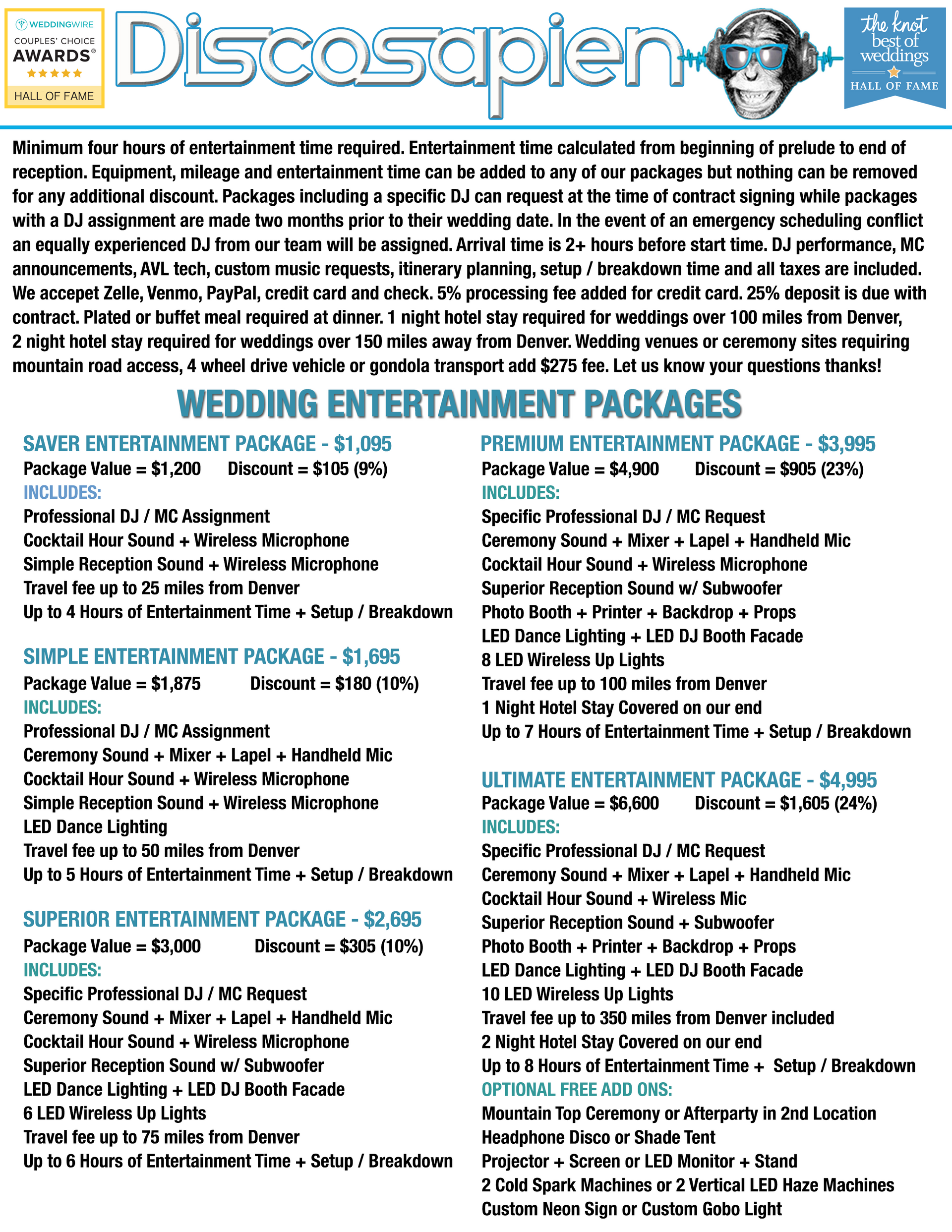 Weddings Pricing Sheet