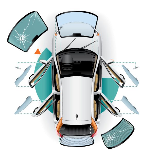an illustration of a car with broken windshields