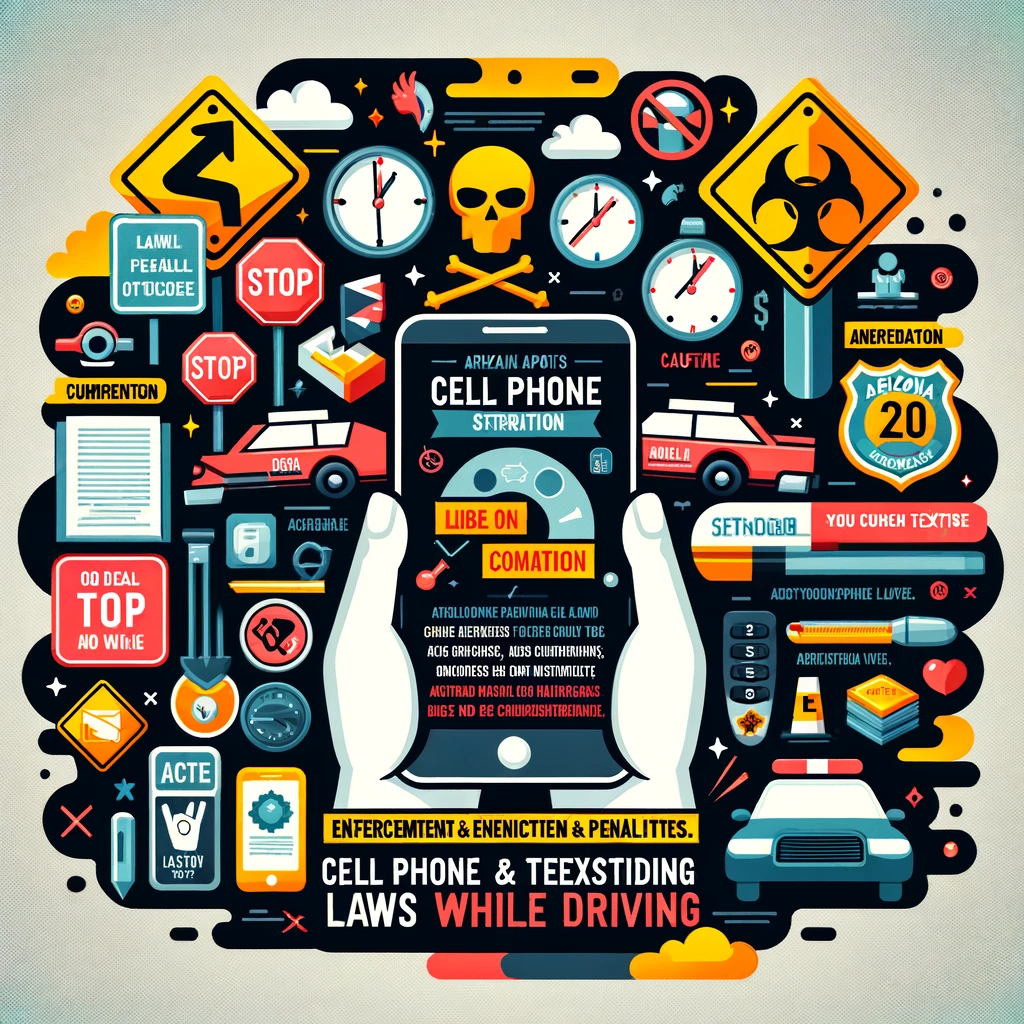 An informative visual depicting the key aspects of Arizona's cell phone and texting laws while driving. It highlights the current laws and restrictions, the importance of compliance, and the enforcement and penalties associated with non-compliance.