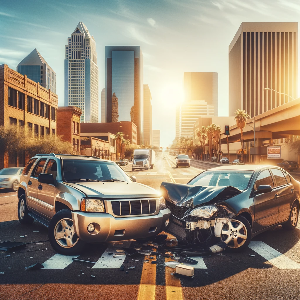A car accident scene in Arizona, showing two vehicles involved in a minor collision on an urban street in Phoenix. This image highlights the importance of having proper auto insurance coverage.