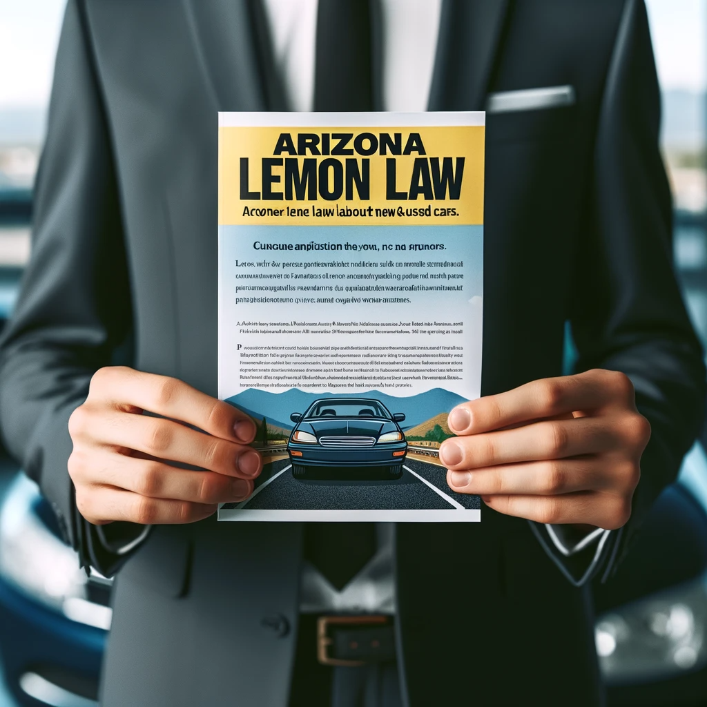 a man in a suit is holding a flyer for arizona lemon law