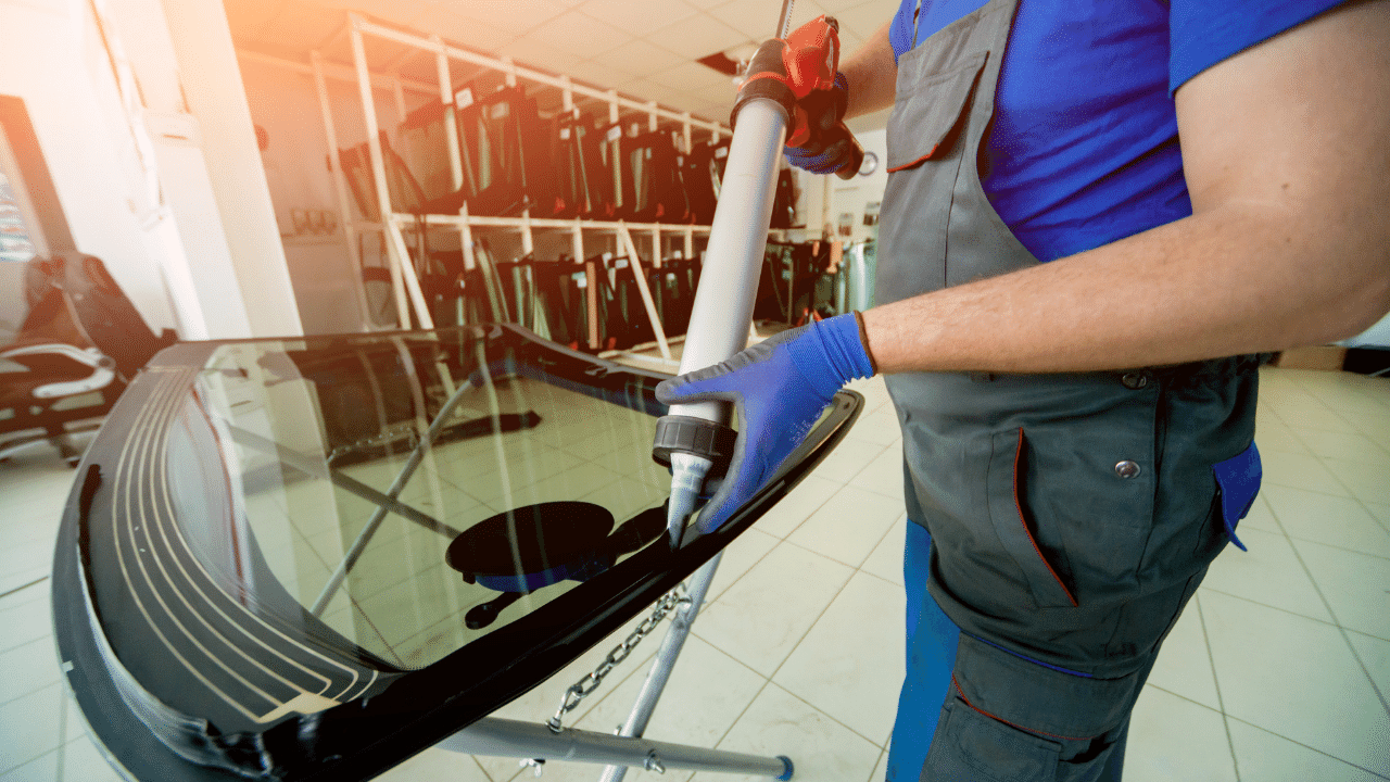 A man is installing a windshield on a car in a garage.