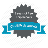 A logo that says `` 2 years of free chip repairs on all replacements ''.