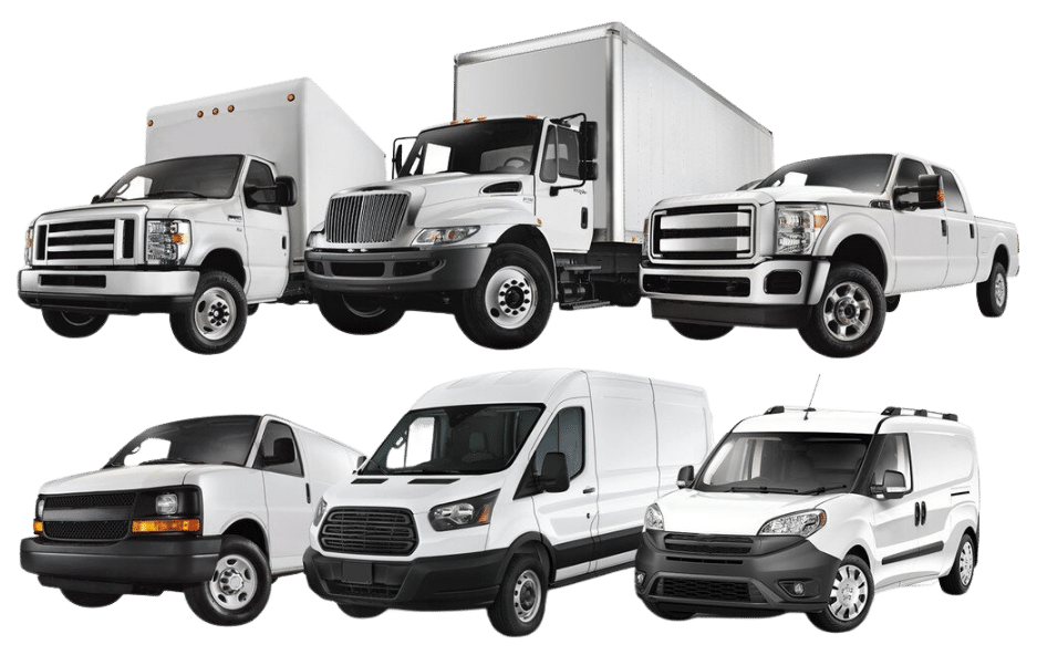 A group of white trucks and vans are lined up on a white background.