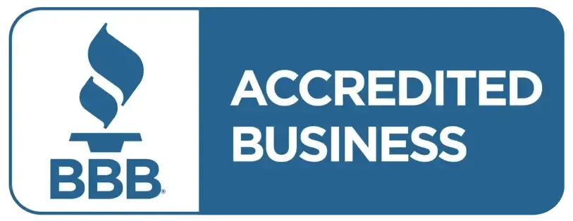 A blue sign that says accredited business on it