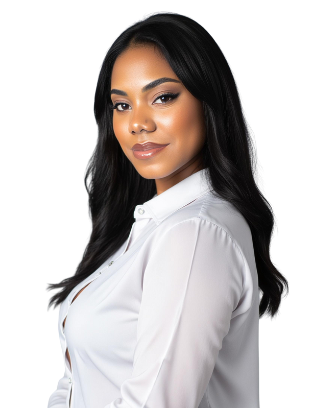 A woman with long black hair is wearing a white shirt.