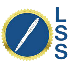 An icon of a pen in a blue circle with a gold border.