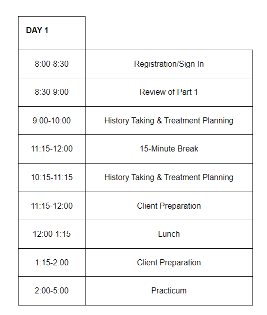 Part 2 Day 1 Schedule Chart — Shreveport, LA — EMDR Instruction
