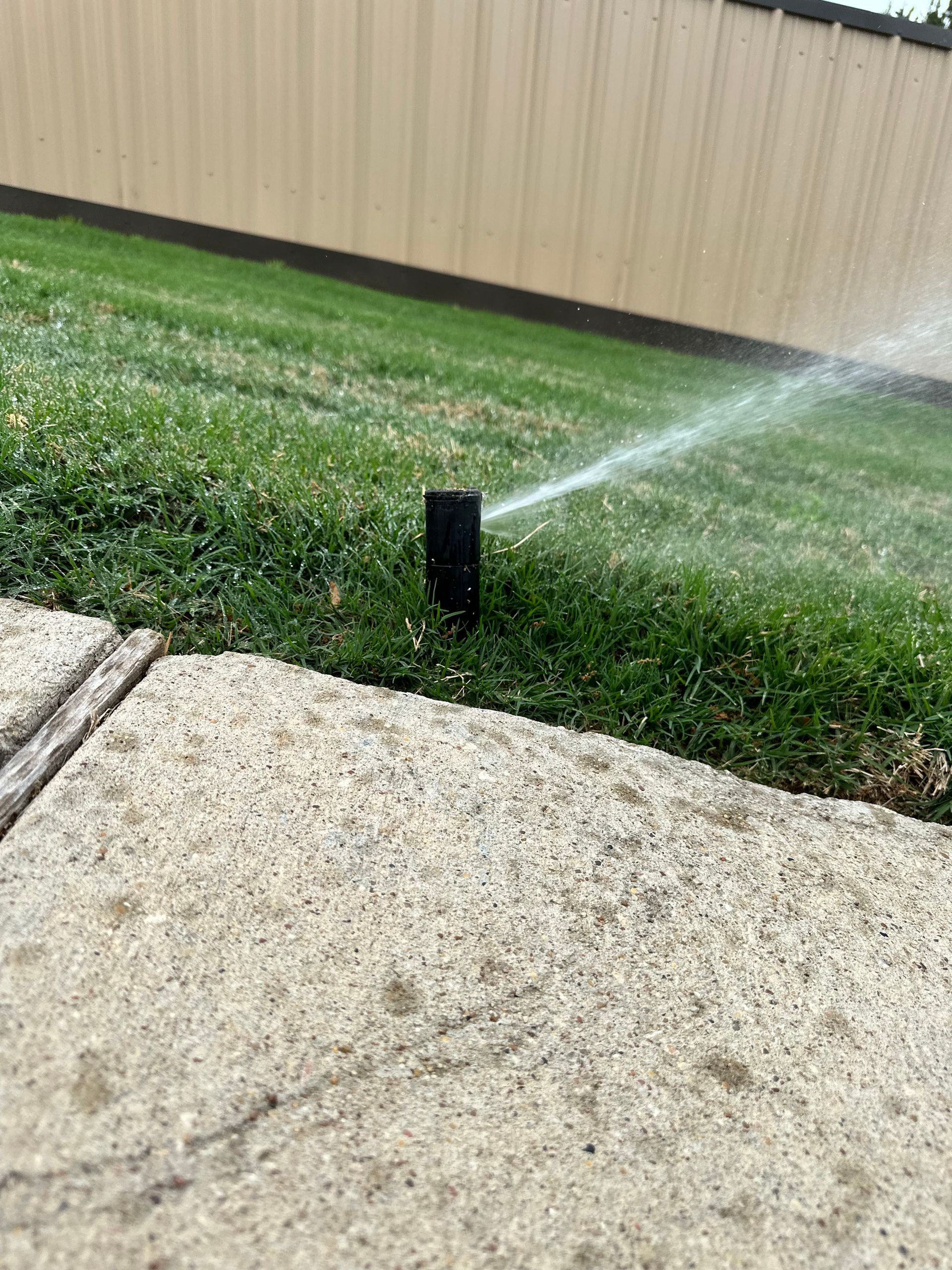 A lawn sprinkler is spraying water on a lush green lawn.