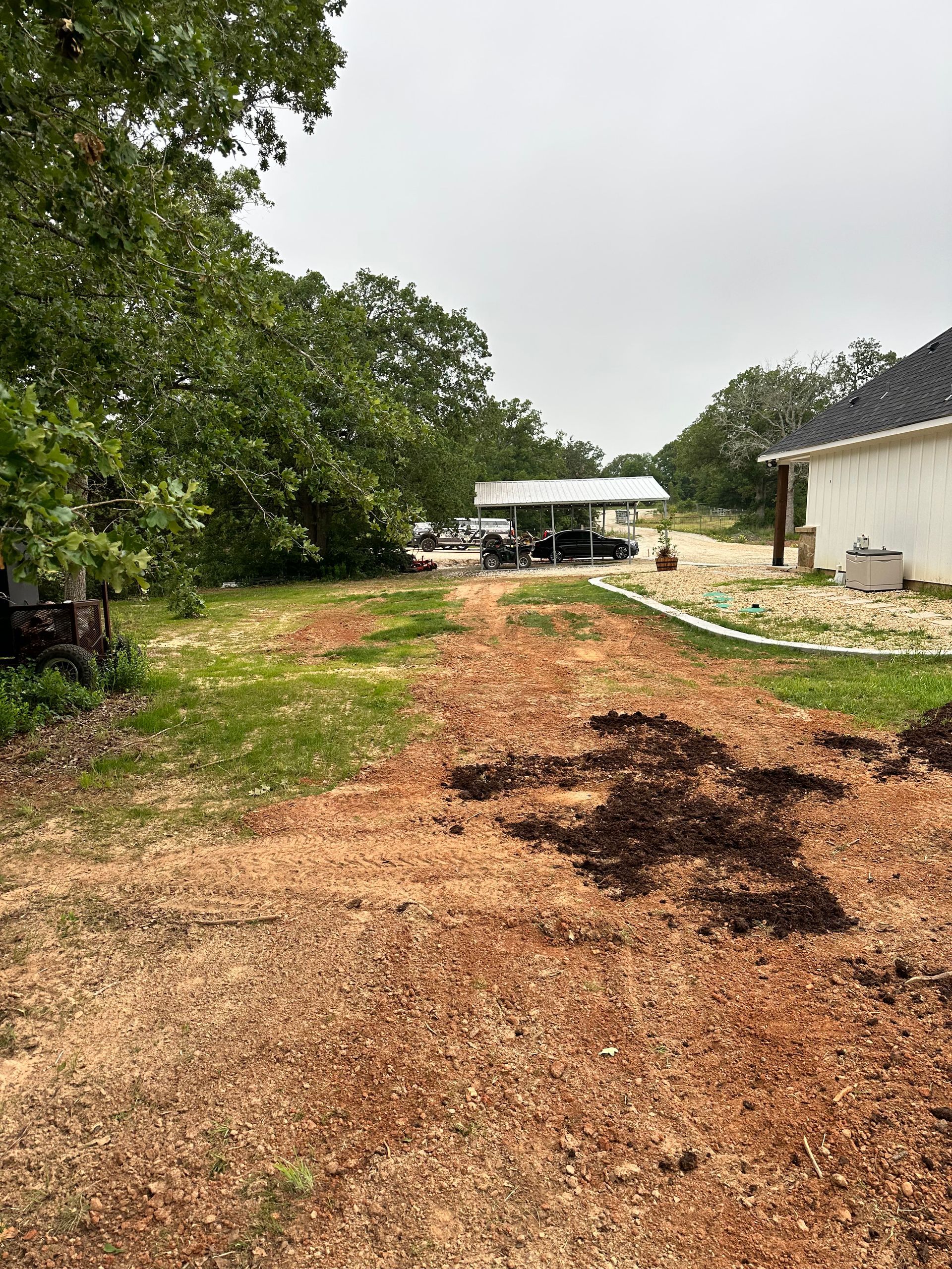 A dirt road leading to a house with trees in the background.