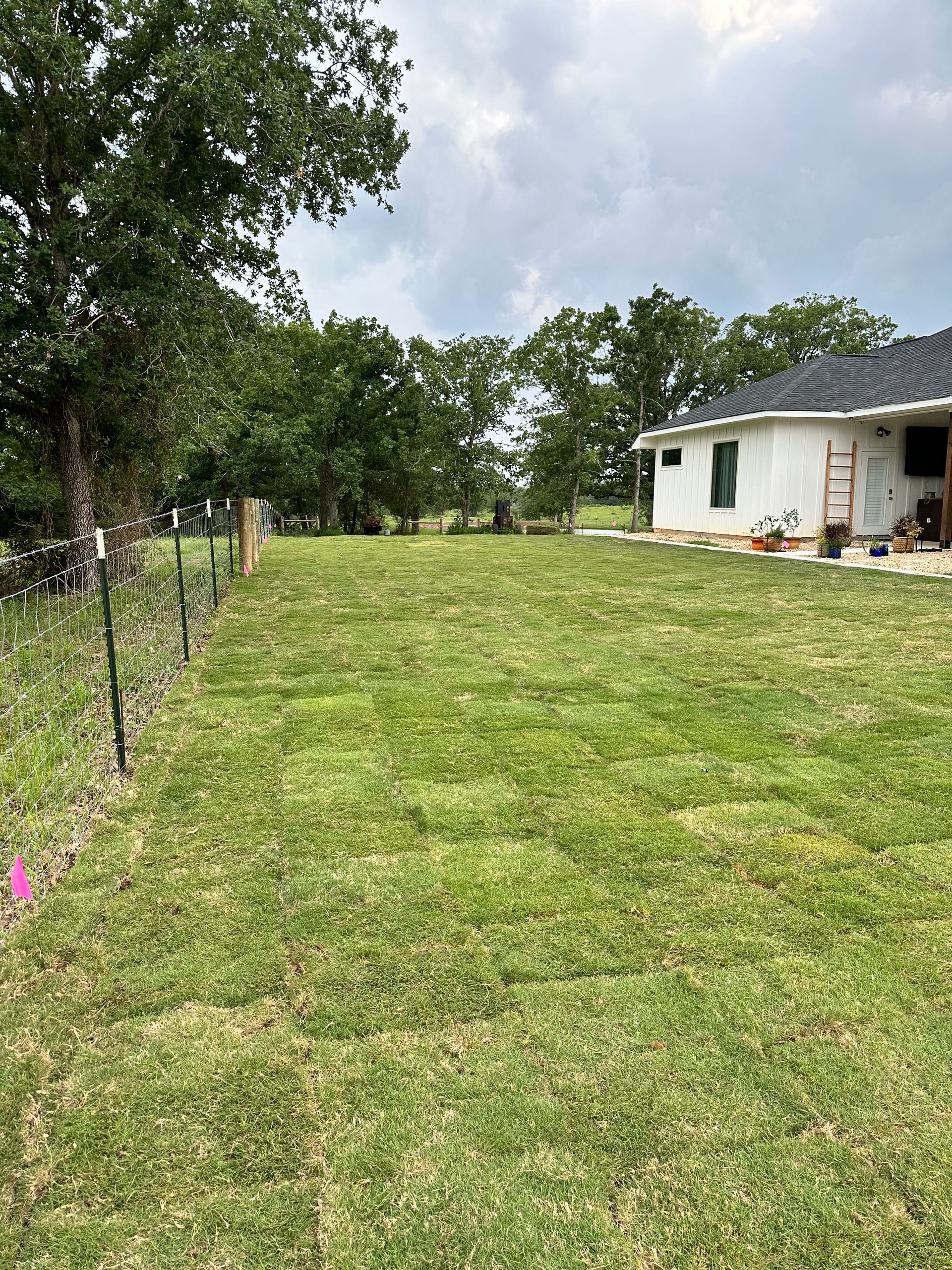 A large lush green field with a house in the background.