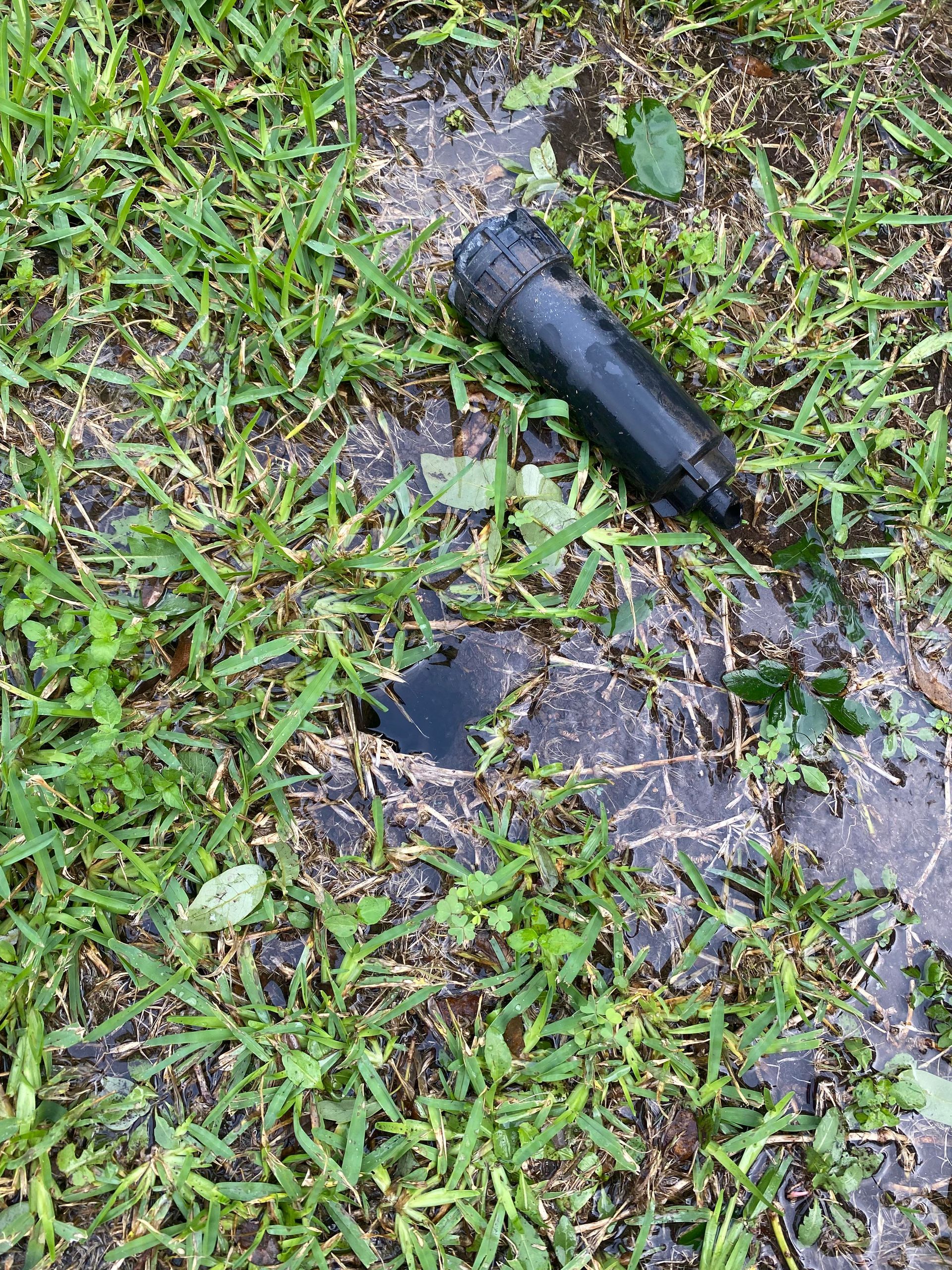 A sprinkler is sitting in the grass next to a puddle of water.
