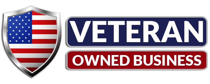 A veteran owned business logo with an american flag on a shield.