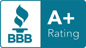 A blue and white sign that says bbb a+ rating