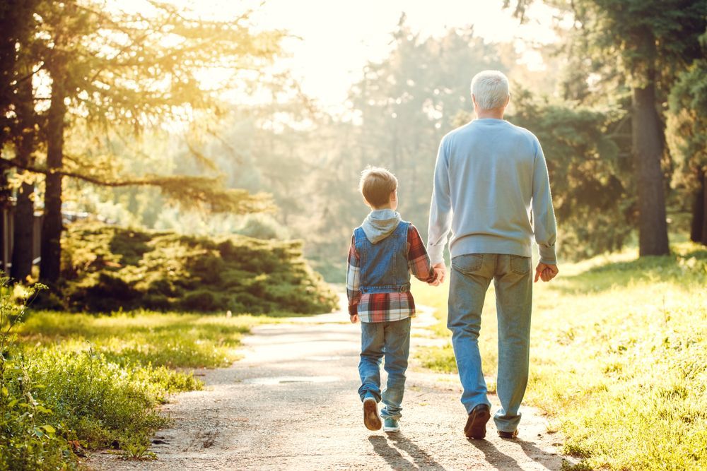 Grandfather and grandson walk hand-in-hand on a path in a sunny park.
