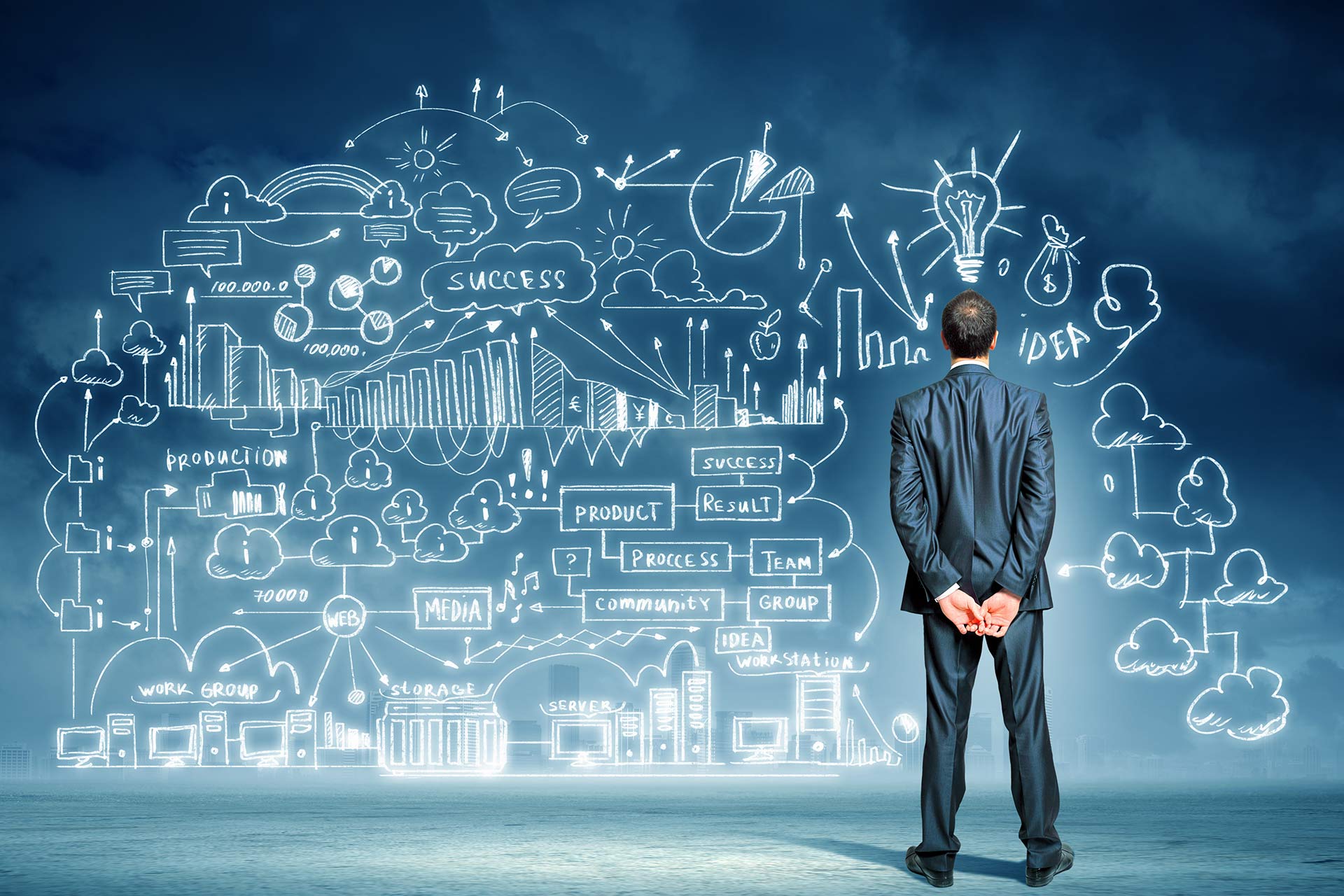 man looking at the wall of ideas