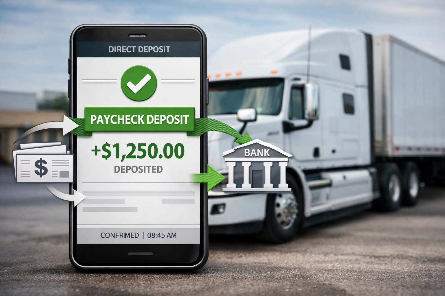 A smartphone screen shows a $1,250 paycheck deposit confirmation with a semi-truck parked in the background.