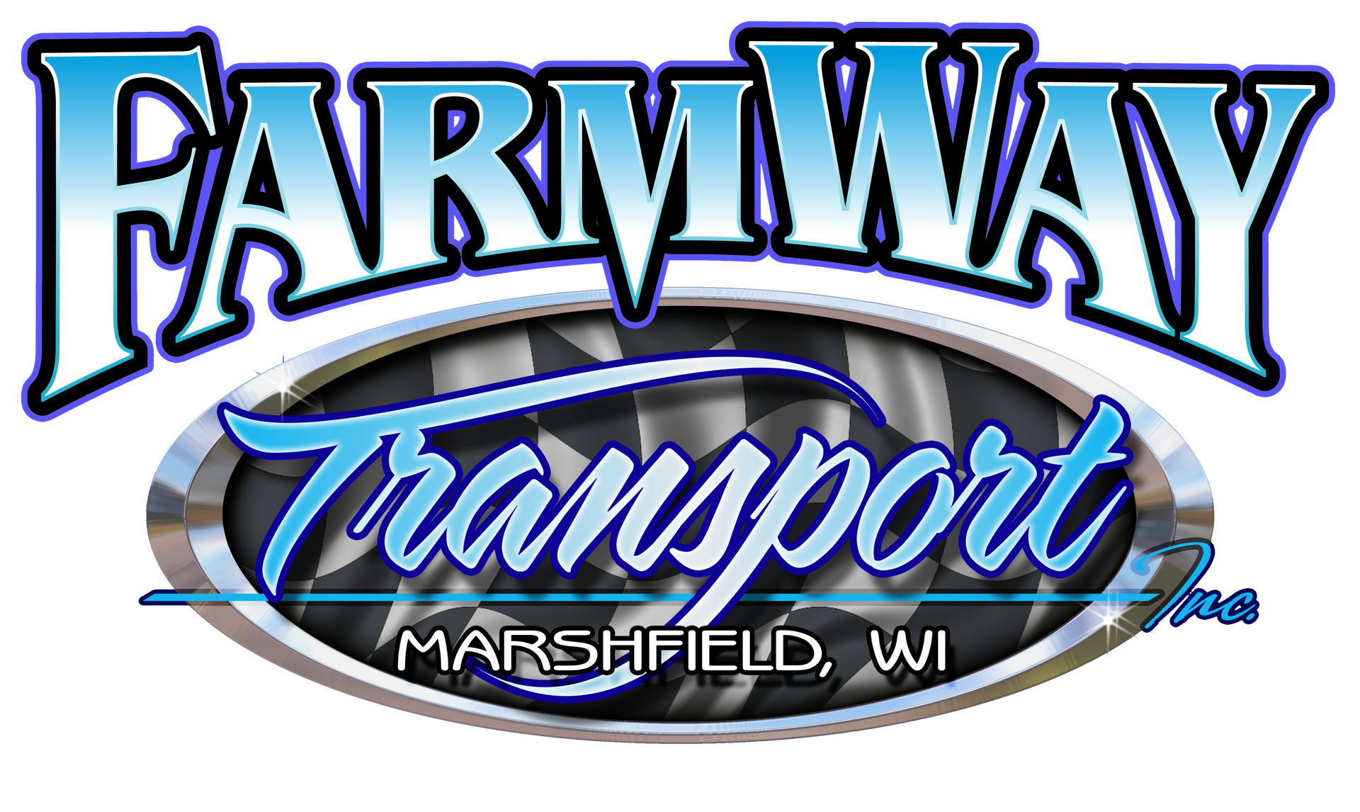 Logo for Farmway Transport, Inc. in Marshfield, WI, featuring blue and white text on a checkered oval background.