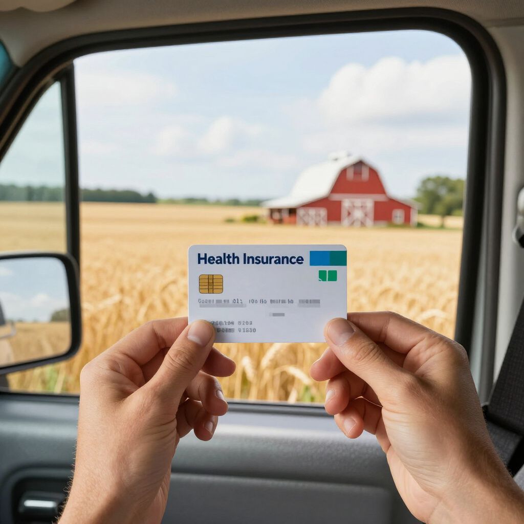 Hands hold a health insurance card in front of a window view of a red barn in a wheat field.