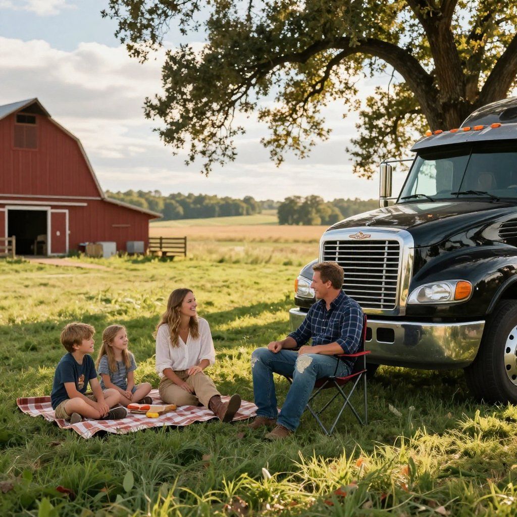 A family picnics on the grass near a large black semi-truck and a red barn on a sunny farm.