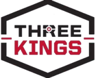 Logo: "THREE KINGS" in white and red text, with a bullseye on the letter "R," within a white and black hexagon.