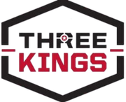 Logo: "THREE KINGS" in white and red text, with a bullseye on the letter "R," within a white and black hexagon.