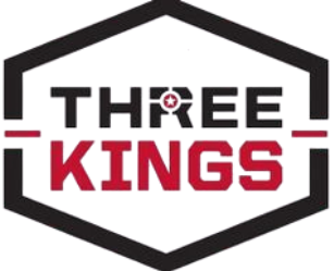 Logo: "THREE KINGS" in white and red text, with a bullseye on the letter "R," within a white and black hexagon.