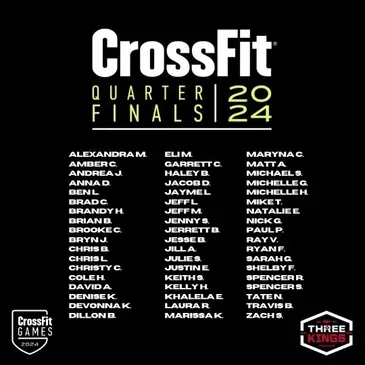 CrossFit Quarterfinals 2024 graphic listing athletes' names. The CrossFit Games and Three Kings logos are shown.