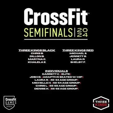 CrossFit Semifinals 2024 graphic listing team and individual competitors, featuring logos for CrossFit Games and Three Kings.