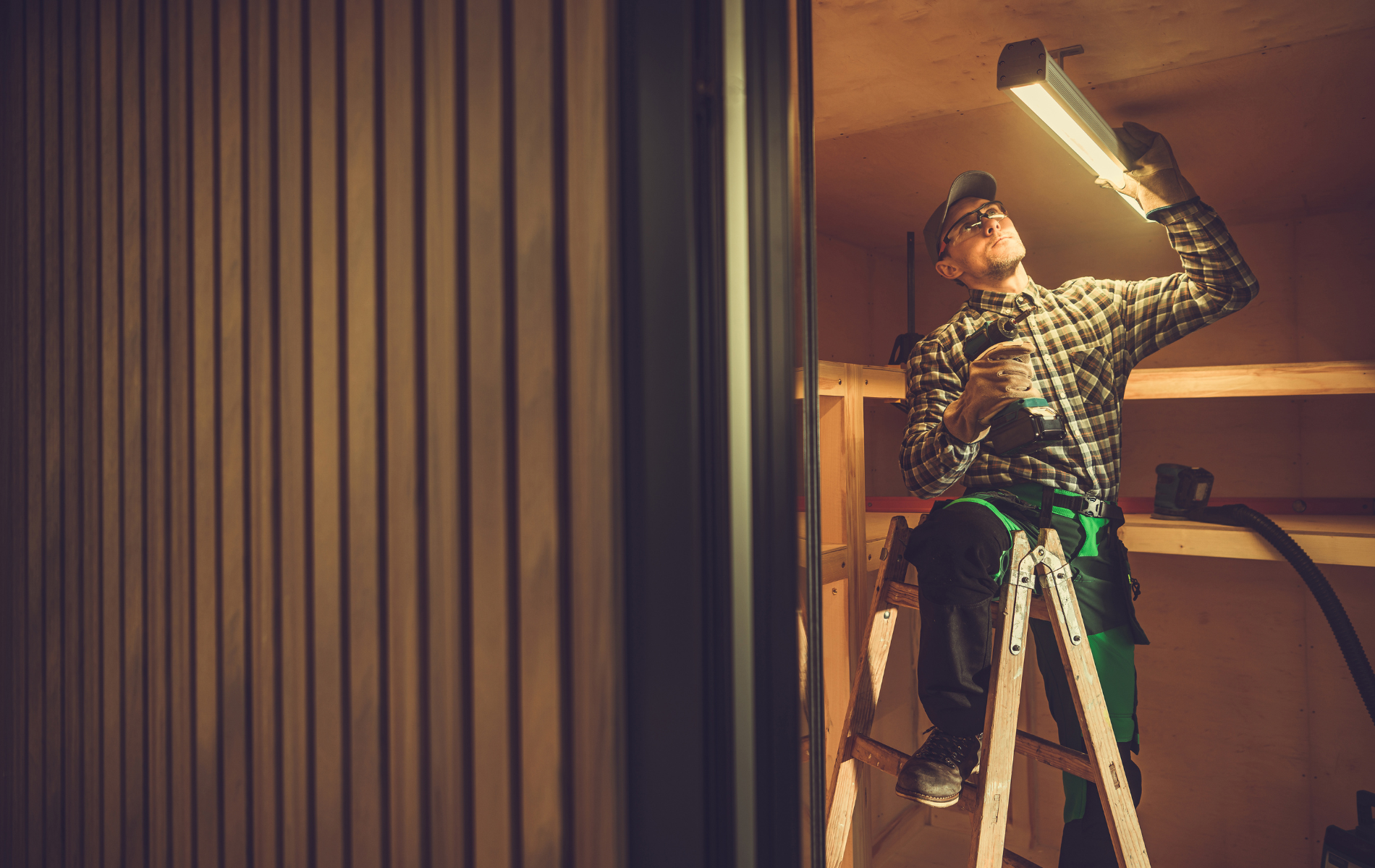 Man on a ladder installing or repairing a fluorescent light in a garage.