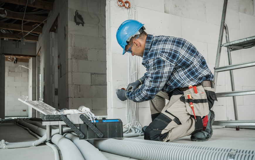 Electrician kneels, wiring a wall in a construction site, wearing a blue helmet and gloves.