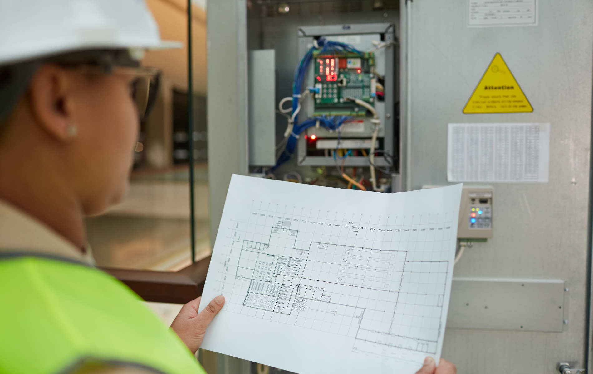 An electrician in a hard hat inspects a control panel, holding a blueprint, indoors.