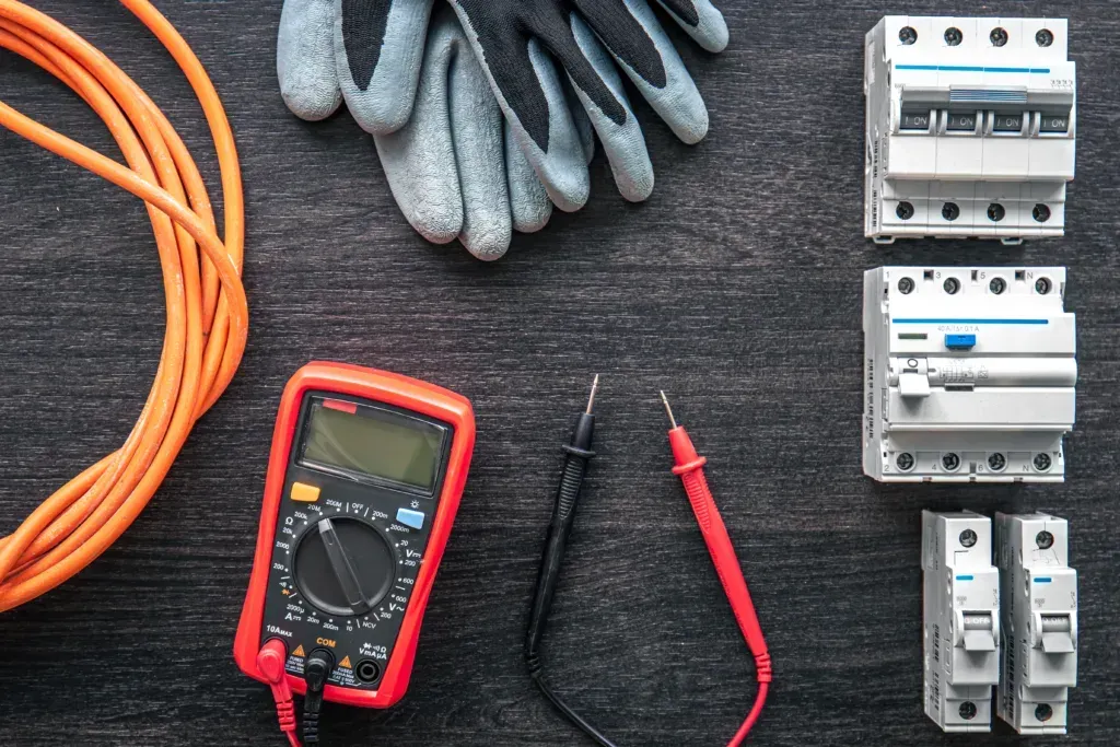 Tools of an electrician laid out: screwdrivers, wire strippers, wire connectors, light bulbs, tape