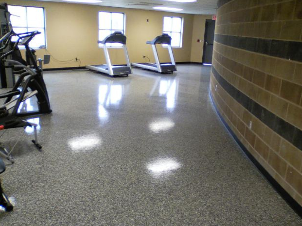 Gym interior with treadmills, exercise equipment, and reflective speckled floor.
