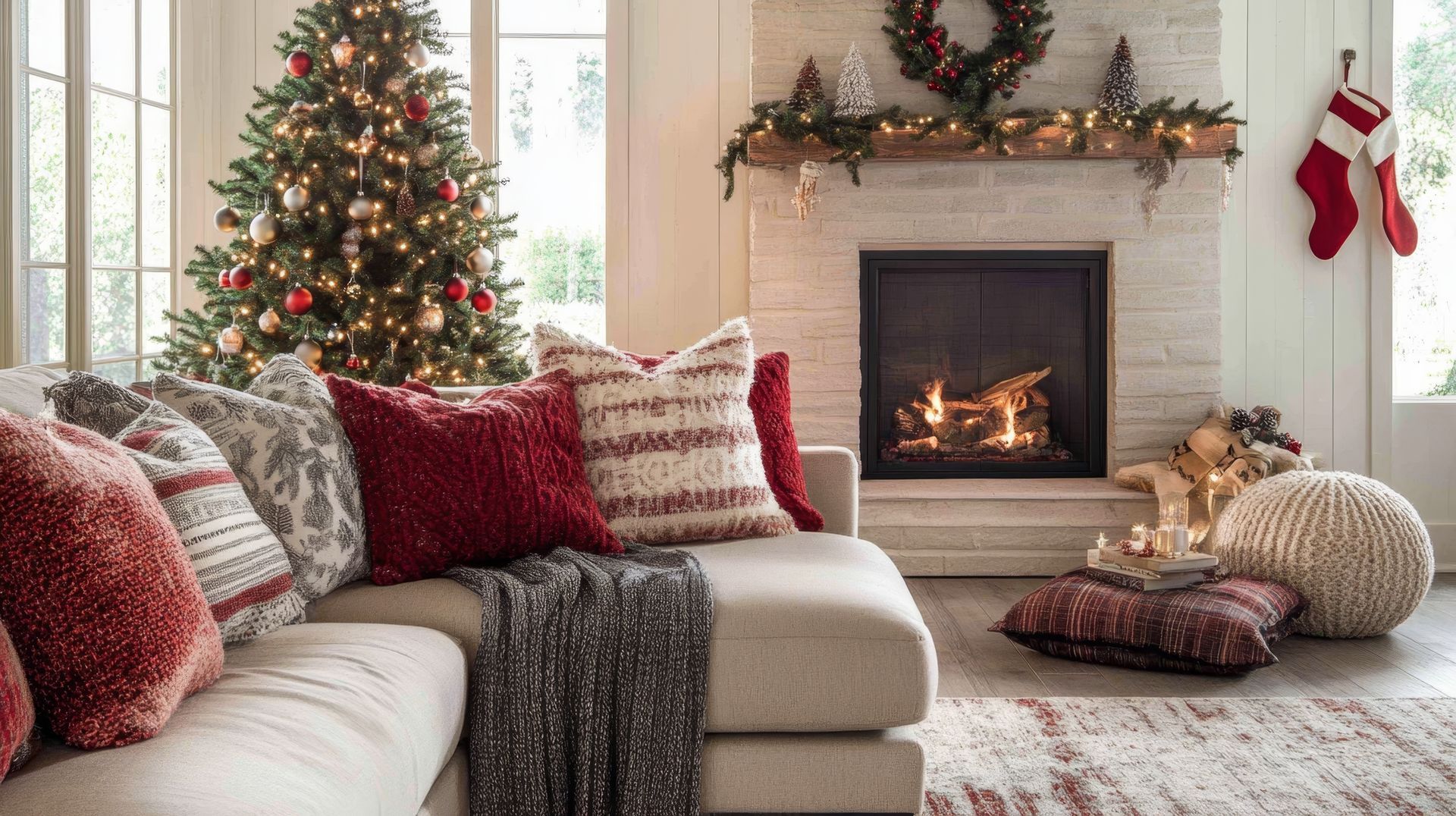 A living room decorated for christmas with a couch , fireplace and christmas tree.